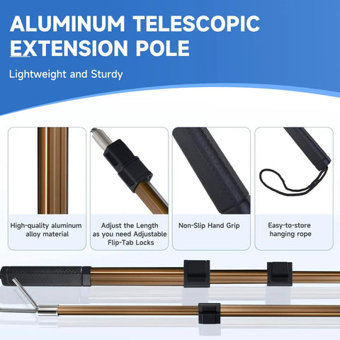No-Fuss Attic Ladder Pull Down System Kit With Telescoping Extension Rod Door Hook D Ring And Mounting Screws Replacement For Attic Pull Down Cord 20 To 40 Inch Adjustable Space Saving Heavy Duty Aluminum Pole; aluminum telescoping extension pole with flip-tab locks and rope