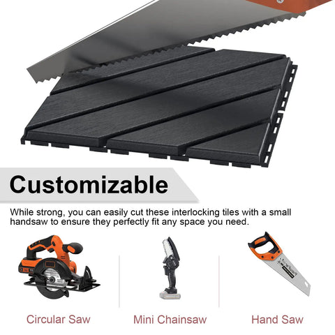 Interlocking 12x12 Outdoor Deck Tiles 9 Pack DIY Friendly Heavy Duty Plastic Patio Pavers With Drainage Waterproof Non Slip Snap Together Flooring For Balcony Poolside Garage Dark Grey showing customization tools and tile detail