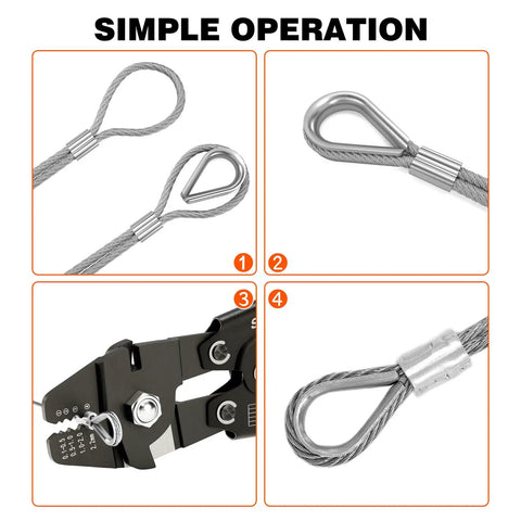 Beefy Heavy Duty Wire Rope Crimp Kit With 100 Ft 1/16 Inch 304 Stainless Steel Cable For Home Improvement And Outdoor Projects Like Clotheslines Garden Lighting Railings Marine Rigging And More, wire loop and crimping plier