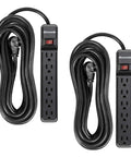 Two Pack Heavy Duty Power Strip Surge Protector With 25 Ft Extra Long Extension Cord Flat Plug 15 Amp 500 Joules Wall Mount Black UL Listed Includes Six Grounded Outlets and Overload Protection. Image shows two black power strips with coiled cords.