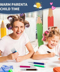 Mother and daughter with colorful pens, crafting together at a table with pencil decorations in the background.