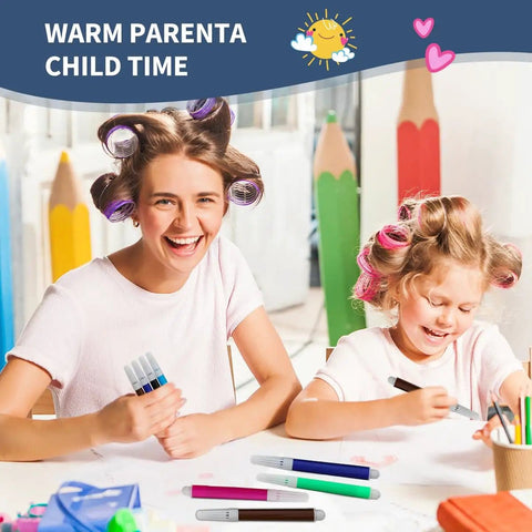Mother and daughter with colorful pens, crafting together at a table with pencil decorations in the background.