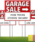 Triple Pack 17x13 Inch Garage Sale Signs With High Visibility Arrows Double Sided Weatherproof 4mm Corrugated Plastic Includes Stakes And 420 Pricing Stickers Built To Draw More Traffic To Your Yard Sale, red signs with stakes and stickers