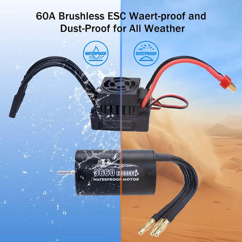 Beefed Up 2600KV Brushless Motor And 60A ESC Combo For One Tenth Scale RC Cars And Trucks Off Road Ready With 2S Battery shown