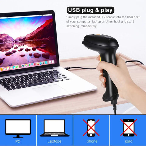 Plug And Play USB Barcode Scanner Laser Wired Handheld With Stand For Windows Mac Linux POS Systems Easy Setup Lightweight