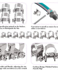 Front view of Swpeet 50-piece 304 stainless steel hose clamp set in 10 sizes for automotive fuel lines