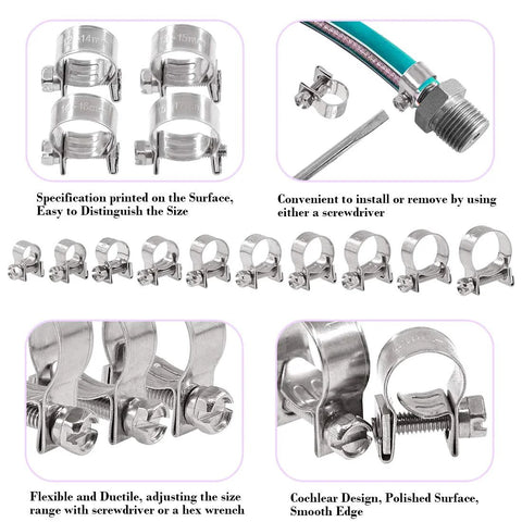 Front view of Swpeet 50-piece 304 stainless steel hose clamp set in 10 sizes for automotive fuel lines