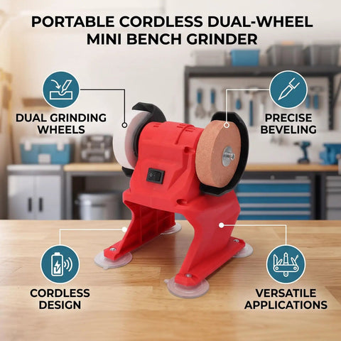 Heavy Duty Badass Mini Bench Grinder Featuring Dual 70 Mm Wheels Kicking Out 5500 Rpm for rad metal shaping and deburring using any 18V battery pack for your workshop, showcasing dual wheels and cordless design.