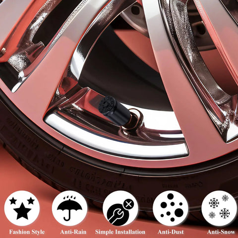 Close-up of tire with Bullet Shell Tire Valve Stem Caps Set In Aluminum Alloy, lightweight, corrosion resistant, black.
