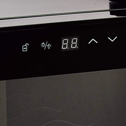 Close-up of digital temperature display on 8 Bottle Countertop Wine Cooler For Red And White Wines With Digital Temperature Display Freestanding Refrigerator With Smoked Glass Door Quiet Operation Keeps Wine At About 55 Degrees Fahrenheit For Optimal Flavor.