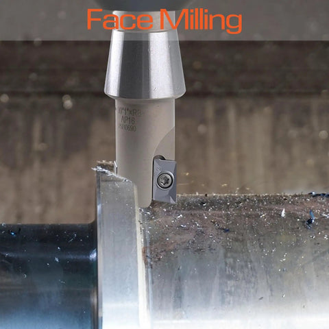 Nickel Plated 1 Inch Indexable End Mill With 5 27 32 Inch Overall Length 90 Degree R8 Shank Two Flutes Includes APKT1604 Carbide Inserts