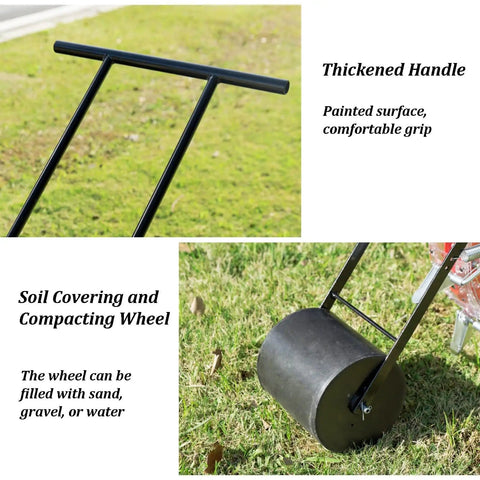 Manual Hand Push Garden Seeder With Wheel For Easy No Bend Planting Saves Time And Effort, view of handle and wheel