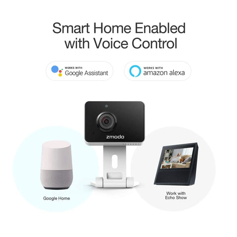 1080p Plug-In WiFi Indoor Security Camera With AI Motion Detection, Two-Way Audio, showing compatibility with Alexa and Google Assistant.