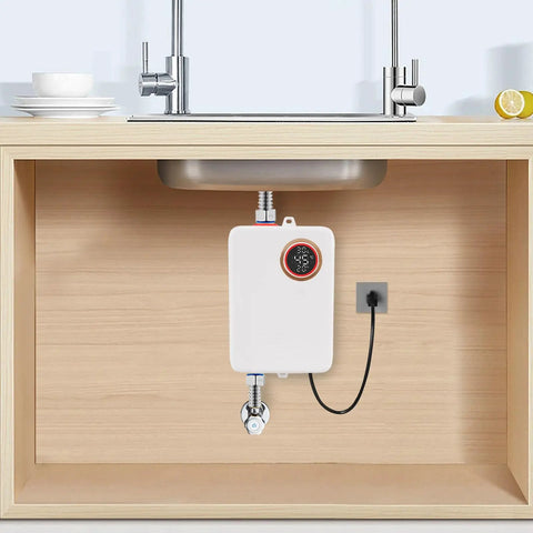 Instant Hot Water Heater Tankless Electric 3000W Wall Mounted with clear display under sink in compact space.