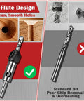 Straight Shot Countersink Drill Bit Set With Adjustable Depth Stop features a 4-flute design for clean holes and efficient chip removal.