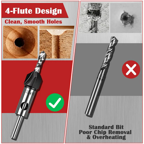 Straight Shot Countersink Drill Bit Set With Adjustable Depth Stop features a 4-flute design for clean holes and efficient chip removal.
