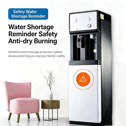 Freestanding Floor Loading Water Cooler With Instant Ice Cold And Piping Hot Settings Smooth Push Button Operation with safety reminder.
