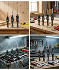 6 Piece Screw Extractor Set for Reversing Damaged Screws and Bolts Works with Any Drill 3 to 12mm Range displayed on workbench