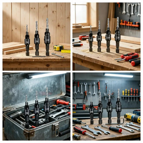 6 Piece Screw Extractor Set for Reversing Damaged Screws and Bolts Works with Any Drill 3 to 12mm Range displayed on workbench