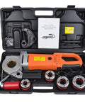 Top Shelf Portable Electric Pipe Threader With A Heavy Duty Copper Motor, Handheld Threading Machine For Galvanized Steel And Plastic Piping, No Sweat Lightweight Build For Quick Field Repairs in a carrying case.