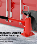 Third Generation Shipping Container Jack Lug Beefed-Up Heavy Duty Lug Leveler next to a shipping container, red handle.