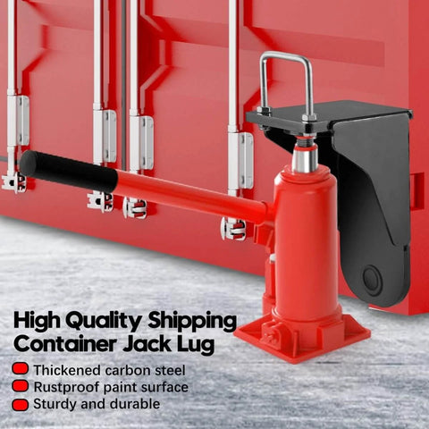 Third Generation Shipping Container Jack Lug Beefed-Up Heavy Duty Lug Leveler next to a shipping container, red handle.