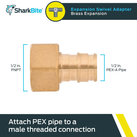 Half Inch NPSM Expansion FNPT Swivel Adapter For PEX A Pipe And Tubing, Brass Plumbing Fittings, Female Adapter For PEX A Systems, Quick Expansion Connection, High Temp High Pressure, UAB526LFA, 1/2 in brass expansion swivel adapter