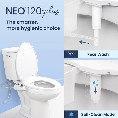 Neo 120 Plus Non Electric Bidet Attachment For Toilet Seat With One Nozzle focusing on rear wash and self-clean mode features.