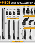 Impact Socket Extension Set 19 Piece with Swivel Universal Joints and Impact Coupler Ratchet Extensions Drive Sizes One Half Inch One Quarter Inch and Three Eighths Inch Built Tough Chrome Vanadium Steel 50BV30 layout.