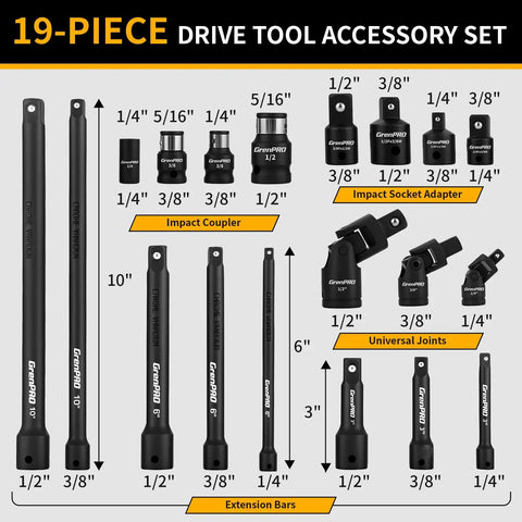 Impact Socket Extension Set 19 Piece with Swivel Universal Joints and Impact Coupler Ratchet Extensions Drive Sizes One Half Inch One Quarter Inch and Three Eighths Inch Built Tough Chrome Vanadium Steel 50BV30 layout.