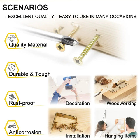 DIY Ready Wood Screws Kit 270 Pc Set With Anchors 8 Sizes Flat Head Phillips Drywall Screws Zinc Plated Yellow High Hardness Carbon Steel Handy Home Improvement Must Have For Any Project, screws for woodworking and hanging items