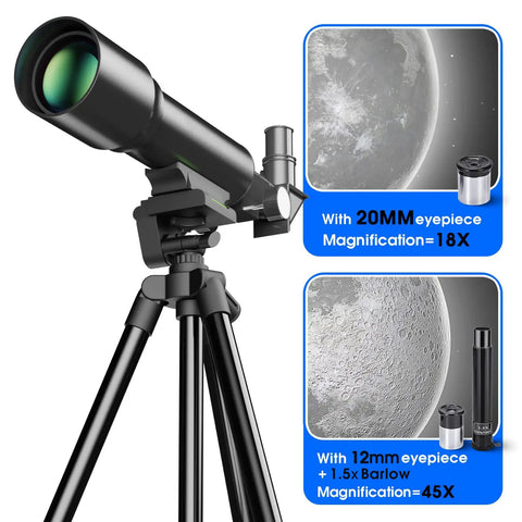Portable 50mm Aperture 360mm Focal Length Refractor Telescope With AZ Mount For Beginners And Kids, Upgraded Tripod, Phone Adapter, Fully Coated Optics, Easy Setup, White, black tripod view