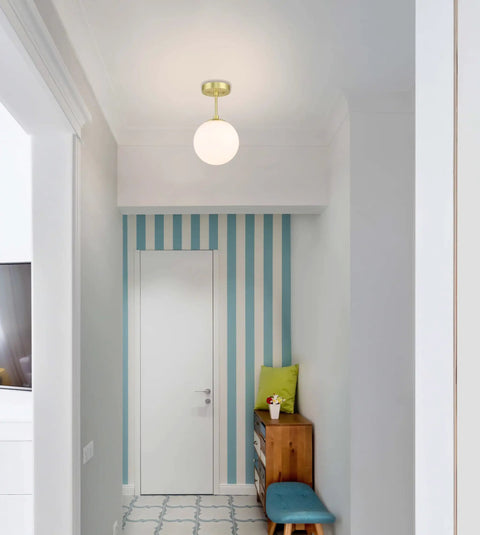 Semi Flush Mount Ceiling Light With Globe White Shade In Satin Brass Finish 1 Light Modern Fixture For Living Room And Dining Room With Chic Contemporary Vibe Close To Ceiling Design in hallway.