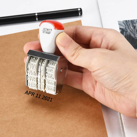 Slick 1.5 Inch Rubber Line Dater Stamp Featuring Quick Twist Dial Calendar in use, stamping date APR 11 2021 on paper.