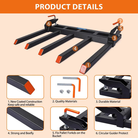 Heavy Duty Beefy Clamp On Debris Forks With Five Fork Tines For 48 Inch Bucket Pallet Attachments Capable Of 2500 Lbs