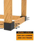 Heavy Duty 4 Piece Steel 3 Way Right Angle Corner Bracket Kit For DIY Workbench Shelving And Work Table Fits 2x4 Lumber Actual 1.5x3.5 Inches With Pre Drilled Holes And Screws For Easy Install, black bracket on wood frame