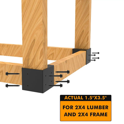 Heavy Duty 4 Piece Steel 3 Way Right Angle Corner Bracket Kit For DIY Workbench Shelving And Work Table Fits 2x4 Lumber Actual 1.5x3.5 Inches With Pre Drilled Holes And Screws For Easy Install, black bracket on wood frame