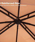 Close-up of 8 reinforced ribs under the khaki double-tier roof of a 10 Foot By 10 Foot Outdoor Patio Gazebo With Double Tier Roof And Mosquito Netting Heavy Duty Steel Frame For Backyard Garden And Lawn All Weather Ventilation Party Ready Integrated Drain Holes Khaki