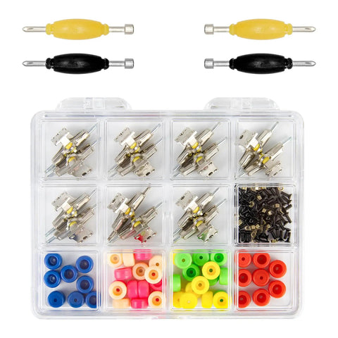 Premium Fingerboard Repair Kit Featuring 31 Millimeter Trucks with fasteners and vibrant multi color wheels in a clear storage box.