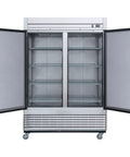 Straight Up Two Door Commercial Reach In Freezer Upright Auto Defrost Design With Bottom Mount Condenser and Heavy Duty Steel Cabinet for Busy Kitchen, interiors shown with doors open.