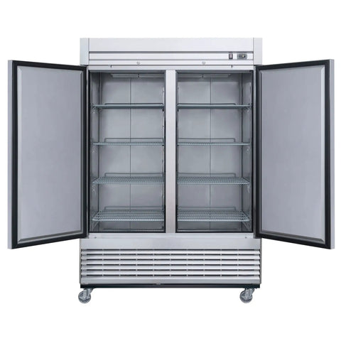Straight Up Two Door Commercial Reach In Freezer Upright Auto Defrost Design With Bottom Mount Condenser and Heavy Duty Steel Cabinet for Busy Kitchen, interiors shown with doors open.