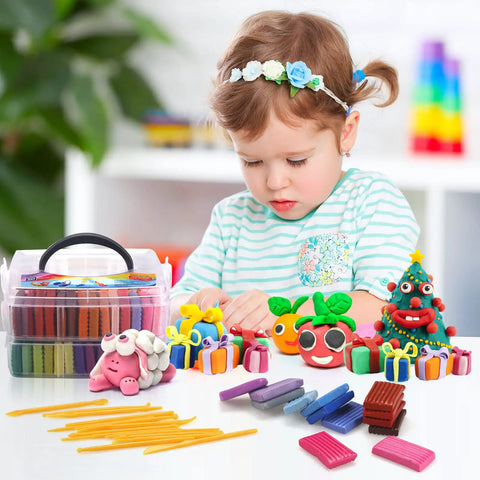Child playing with Ultimate Polymer Clay Starter Kit With 50 Vibrant Colors, Oven Bake Modeling Clay, storage box, tools, and projects