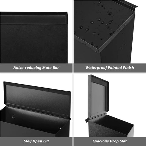 Heavy Duty Wall Mount Mailbox With Beefy Capacity Galvanized Steel Outdoor Post Box Rust Proof Black 15.7 X 9.9 X 4.9 Inches
