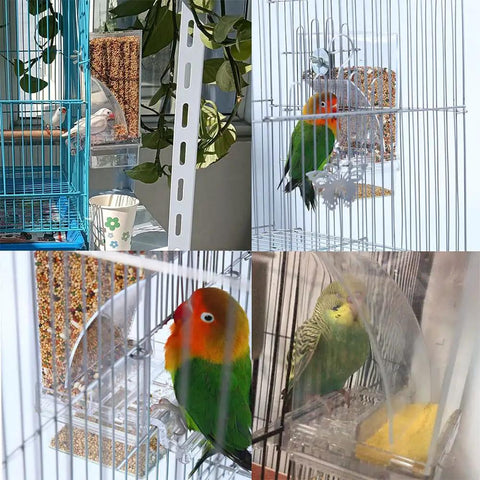 No Mess Premium Clear Acrylic Bird Cage Feeder Two Pack Featuring Sturdy Perch and Spill Proof Seed Hopper for lovebirds and finches.