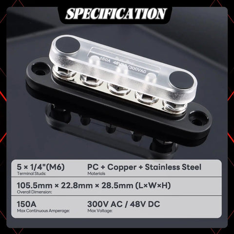 Heavy Duty 150A 12V Bus Bar Power Distribution Block For Car, Boat, Marine, Featuring Tough As Nails Nylon Base, Stainless Stud Terminals, Nickel Plated Copper Plate, Heat Resistant And Corrosion Proof Electrical Hub, 5x M6 studs