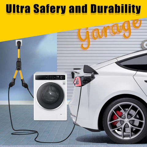 Heavy Duty 50 Amp Y Splitter Adapter Cord For Rv And Ev Charging Nema 14 50P connecting an electric vehicle and a washing machine.