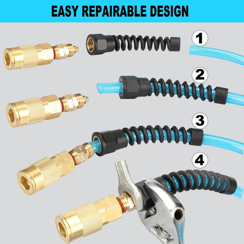 Reinforced Polyurethane Air Hose Pro Grade Heavy Duty One Quarter Inch Inner Diameter Fifty Feet Long For Air Compressors Flexible And Weather Resistant With Repairable Swivel Solid Brass One Quarter Inch Quick Coupler And Plug 300 PSI Blue connections
