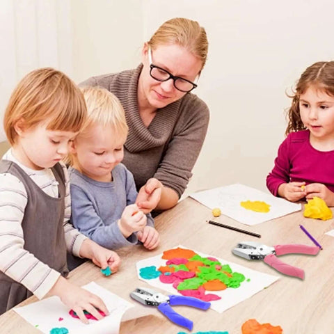 Adults and children using the 12 Piece Multicolor Single Hole Puncher Set, Quarter Inch Metal Handheld Circle Punch With Soft Grip for crafts.