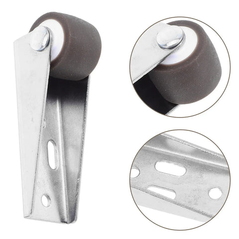 4 Pack Sliding Door Bottom Support Rollers Featuring Hella Tough Rubber Swivel Casters close-up on galvanized metal bracket with soft rubber wheel.