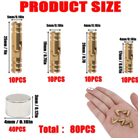 Hidden Brass Hinges With Magnets Set Kit, 80 Pieces For DIY Woodworking showing hinge sizes and magnets in hand